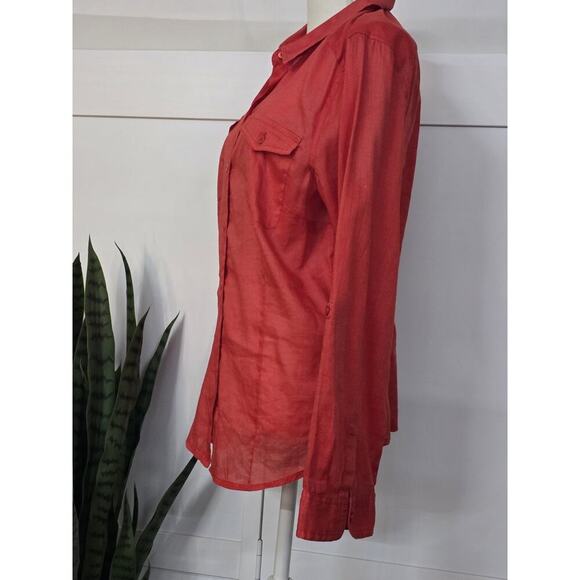 CHICO'S SILKY SOFT FABRIC BUTTON FRONT LONG SLEEVE SHIRT EXUBERANT ORANGE LARGE - Picture 2 of 4